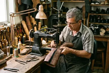 Sapateiro ajustando o zíper de uma bota.