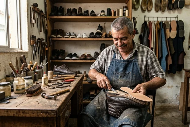 Sapateiro substituindo palmilhas em um sapato.
