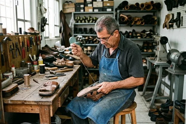 Sapateiro reparando uma sandália.