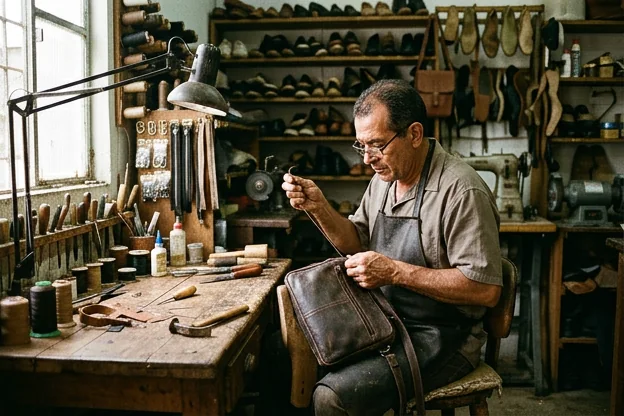 Sapateiro trabalhando na reforma de uma bolsa de couro.