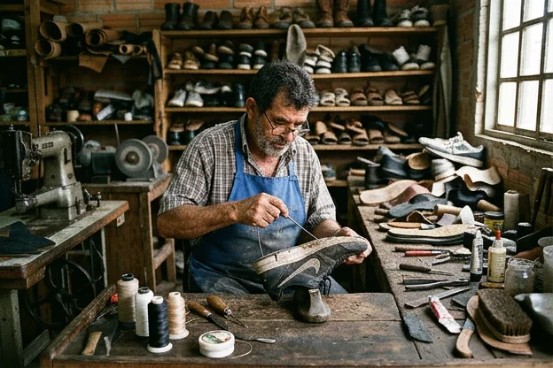 Sapateiro realizando o reparo de um tênis.
