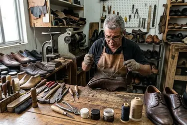 Sapateiro reformando um par de sapatos sociais.