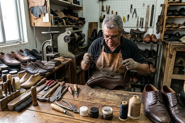 Sapateiro reformando um par de sapatos sociais.